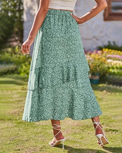 BTFBM Women 2026 Spring Summer Long Skirts Dress Boho Floral Elastic Waist Split Ruffle High Low Beach Maxi Skirt Clothes(Print Floral Green, Medium) - Thumbnail 4