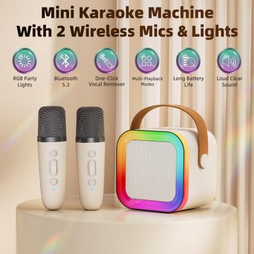 Kids Karaoke Machine Toy for Ages 3-12, Rechargeable Portable Bluetooth Speaker with 1 Wireless Microphone, LED Light Up Voice Changer, Christmas Birthday Gift for Boys Girls Grandkids (Cream - 1) - Thumbnail 2