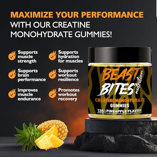 BEAST BITES Nutrition Creatine Monohydrate Gummies for Men & Women - 5g of Creatine Monohydrate per Serving - Sugar Free,Vegan, Pineapple Flavor, 135 Count (45 Servings).. - Thumbnail 2