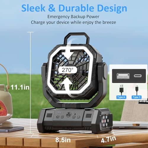 Portable Fan Rechargeable, 20000mAh Cordless Battery Powered Camping Fan with LED Light & Remote, 4 Speeds Wind, Timer, USB C, Hanging Hook, Oscillating Fans for Travel Tent, Camping Essentials - Thumbnail 6