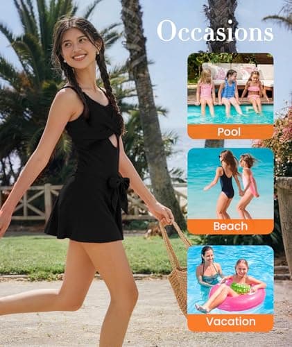 MFAVIP Girls One Piece Swimsuits Classic Black Girl Swimsuits with Ruffle Skirt Removable Pads Adjustable Straps Size 9-16 - Thumbnail 6