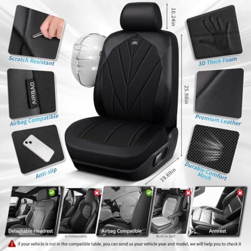 CAR PASS Memory Foam seat Covers Leather, Air Cool Mesh car seat Covers Front Seats 2, Universal FIT for Cars,SUV,Trucks, Comfortable-Durable-Breathable Airbag Compatible, All Black - Thumbnail 4