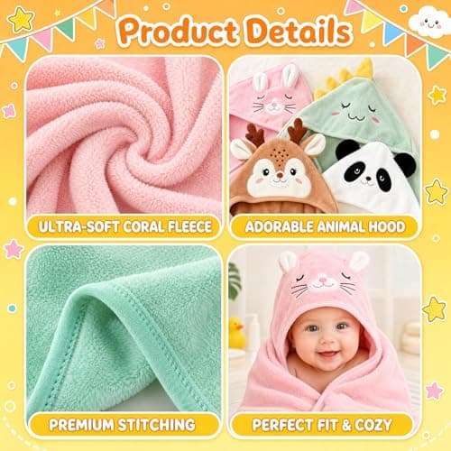 Personalized Baby Bath Towel for Newborn – Custom Animal Hooded Towel with Embroidered Name, Soft Coral Fleece Blanket for Toddlers 1-3, Highly Absorbent Bathrobe Blanket Gift for Boys & Girls - Thumbnail 2