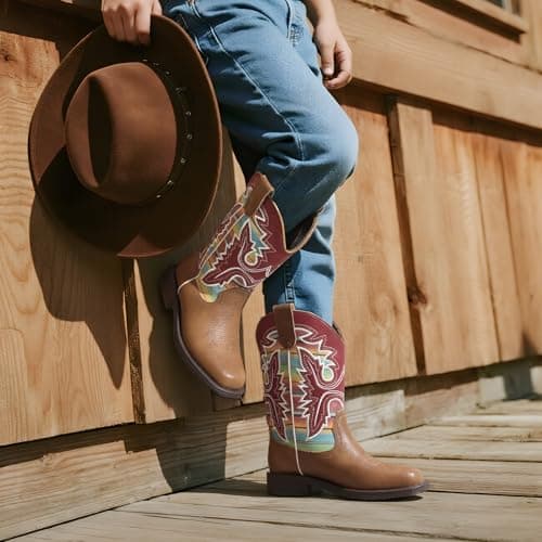 DREAM PAIRS Boys Girls Cowboy Boots Toddler Mid Calf Western Boots Square Toe Riding Boots for Kids,Size 10 Toddler,Brown/Multi,KKUMMB2502 - Thumbnail 2