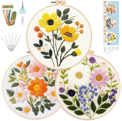 FEIYUENO Beginner Embroidery Kit for Adults, 3-Pack Easy Needlepoint Starter Kits with Pre-Stamped Floral Embroidery Patterns, 7.8" Hoop, Floss & Needles, Step-by-Step Guide (Flower)