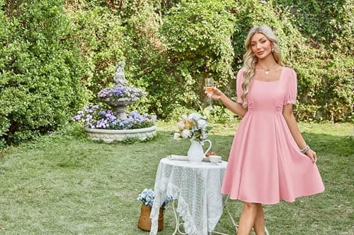 Belle Poque Light Pink Vintage 1950s Cocktail Party Dress 2026 Summer Square Neck Flowy Midi Baby Bridal Shower Dress L - Thumbnail 4