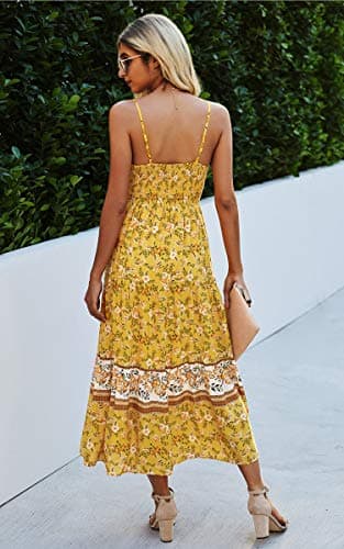 Angashion Women's Dresses Floral Adjustable Spaghetti Strap V Neck Boho Long Maxi Dress Summer Beach Flowy Ethnic Sundress 2141 Yellow X-Large - Thumbnail 6