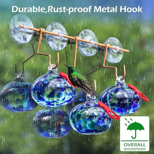 Pozfun Window Hummingbird Feeder with Suction Cups,Hand-Blown Glass Hummingbird Feeders for Outdoors Window Mounted with Metal Hook,Close Bird Watching,Finch in Garden,Yard(Dotted Blue) - Thumbnail 5