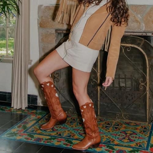 POYOIOR Orange Cowboy Boots for Women Wide Calf Round Toe Chunky Stacked Heel Knee High Cowgirl Boot Heart Pattern Classic Embroidered Tall Western Booties Pull on Size 7 - Thumbnail 3