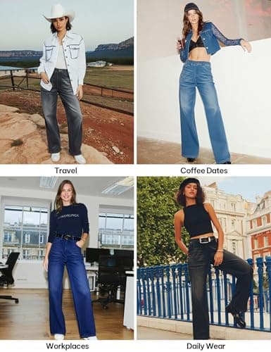 AVAMO Wide Leg Jeans Woman Stretchy Pull on Sweatpant Jeans for Women Elastic High Waisted Straight Leg Baggy Denim Pants Medium Wash - Thumbnail 6
