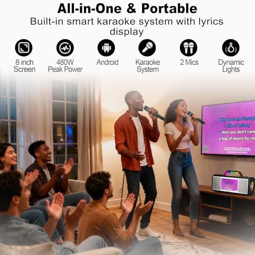 Podvoxlit Smart Karaoke Machine for Adults, with Lyrics Display, 2 Wireless Microphones, 480W Bluetooth Speaker for Party, Portable Karaoke System with Dynamic Lights for Any Occasion - Thumbnail 3