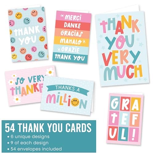 Hadley Designs Bulk Thank You Cards with Envelopes - 54 Kids Thank You Cards For Teachers, Cute Thanks Blank Cards and Envelopes, Fun Appreciation Note Card for Birthday, Baby Shower & Small Business - Thumbnail 3