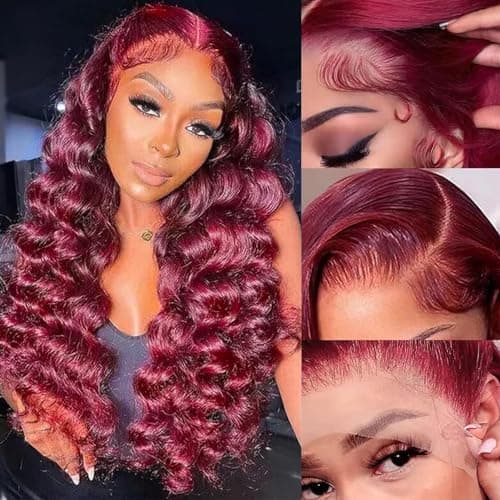 NKTU 30inch Burgundy Lace Front Wigs Human Hair- 99j Deep Wave HD Transparent Lace Frontal Wigs for Women Wine Red Glueless Pre Plucked with Baby Hair 180 Density - Thumbnail 2