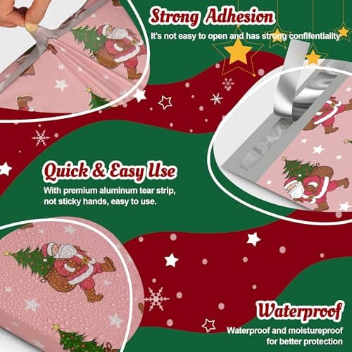 JinRuiKJ Christmas Poly Mailers 12x15.5 Inch 50 Pcs - Heavy Duty Tear-Proof Mailings Envelopes - Waterproof Shipping Bags for Small Business & Boutique - Santa Claus - Thumbnail 5