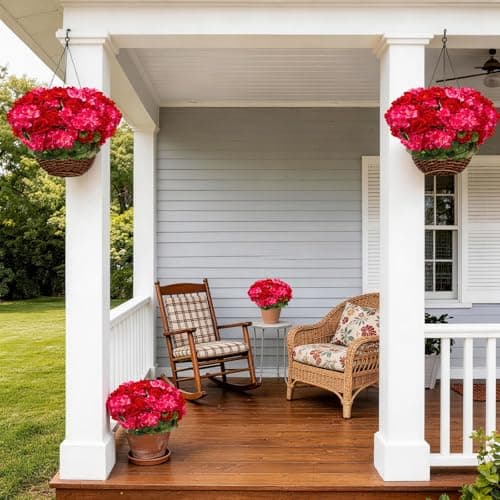 FULLMUSIC Artificial Flowers for Outdoor, UV Resistant Realistic Geranium Fake Flowers-Faux Flowers for Outdoor planters, Garden, Porch, Patio, Window Box Home Decor All Year Round (6, Rose red+red - Thumbnail 5