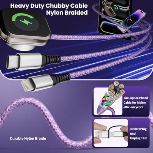 Travel Essentials, 3 in 2 USB A/C Cable to iPhone 17 Charger/iWatch Charger/IP, Braided Multi Charging Cable Cord, RV Camping Essentials, Designed for iWatch Series & iPhone17-11/iPad [Purple, 5FT] - Thumbnail 4