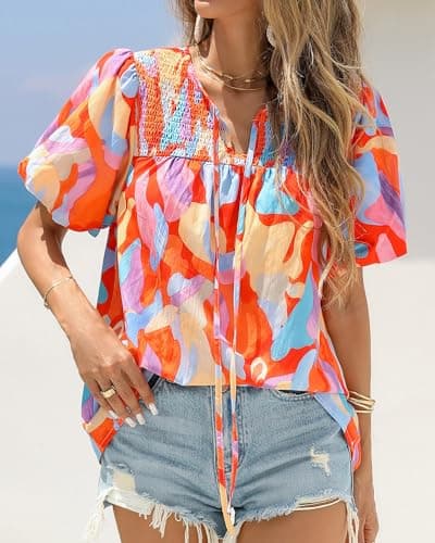 KIRUNDO Boho Tops for Women Summer 2026 Dressy Floral Blouse V Neck Drawstring Short Sleeve Shirts Beach Vacation Clothes(Pink Multicolored, Medium) - Thumbnail 2