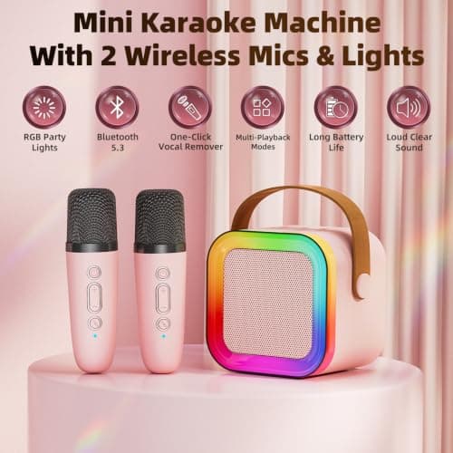 Kids Karaoke Machine Toy for Ages 3-12, Rechargeable Portable Bluetooth Speaker with 1 Wireless Microphone, LED Light Up Voice Changer, Christmas Birthday Gift for Boys Girls Grandkids (Pink - 1) - Thumbnail 2