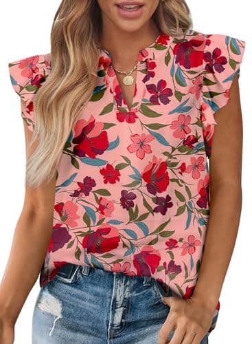 Zenlonr Womens Dressy Casual Tops 2026 Summer Ruffle Cap Sleeve V Neck Shirts Boho Floral Blouses Vacation Outfits(Floral Orange Pink Red,XX-Large) - Image 1