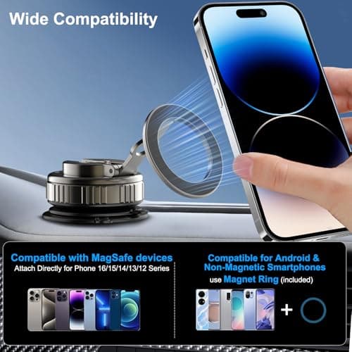 Kairiyard Magnetic Phone Holders for Your Car, [80+LBS Strongest Suction & 2400gf Magnetic] 360° Adjustable Vacuum Suction Cup Car Cell Phone Holder Mount Compatible for MagSafe iPhone Android Phone - Thumbnail 6