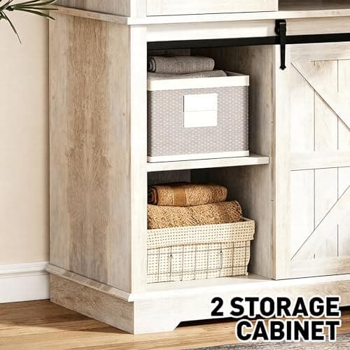 71" Tall Farmhouse Wardrobe Closet with Sliding Barn Doors, 2 Cabinets & 3 Drawers – Rustic Armoire for Bedroom, Spacious Closet Wardrobe with Doors for Clothing, Shoes & Storage, Antique White - Thumbnail 4