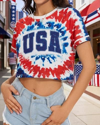 USA Crop Tops 4th of July Shirts Women 250th Anniversary USA Shirt Patriotic Tshirts American Flag and Star Tee - Thumbnail 3