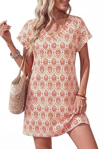 KIRUNDO Summer Dresses for Women 2026 Beach Sundress Spring Casual V Neck Boho Floral Vacation Outfits Cruise Resort Wear(Floral Apricot Red, Medium)