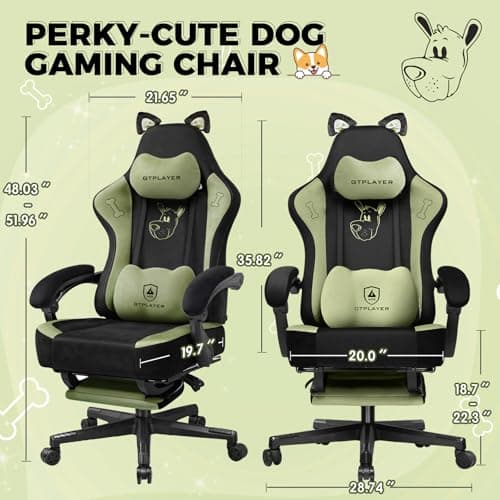 GTPOFFICE Cute Gaming Chair with Cat Ears, Ergonomic Computer Chair with Footrest Cat Paw Lumbar Support Comfortable Reclining Game Chair Desk Chair for Adult Teens, Soft Fabric, Green - Thumbnail 3