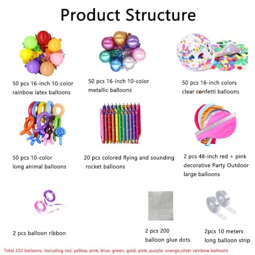 KAIQIZON 228 pcs Balloon Arch Kit with Glue Got Ribbon Stand Strip, Assorted Rainbow Latex Metallic Clear Confetti Long Animal Rocket Balloon for Birthday Graduation Party Wedding Decorations - Thumbnail 2