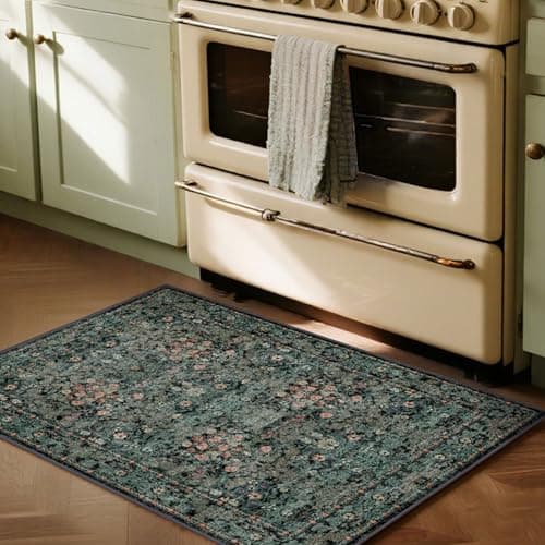 Boho Floral Washable Entry Small Rug, 2x3 Dark Green Distressed Kitchen Throw Rug - Soft Cottagecore Botanical Floor Mat for Bathroom, Laundry, Front Door, Indoor Entrance with Low Pile, Non Slip - Thumbnail 5