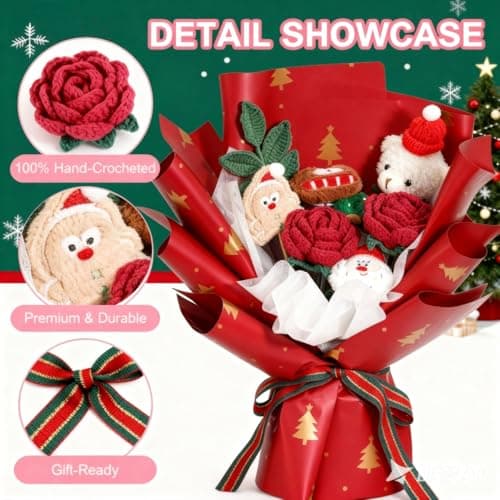 FLOLVISOU Christmas Flowers Artificial Crochet Flower Bouquet Knitted Flowers Red Green Handmade Bouquet Flowers Gifts for Lover Christmas Women Boys Girls Girlfriends - Thumbnail 3