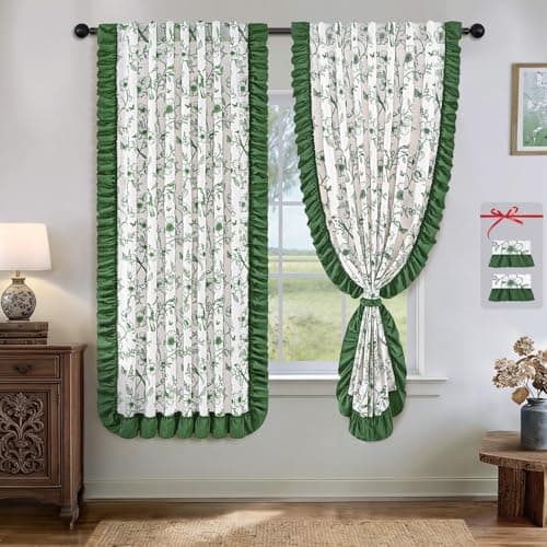Yinhua Green Floral Curtains for Living Room 63 Inch French Country Linen Bedroom Curtains with Ruffle Tieback, Light Filtering Flower Patterned Window Curtain Rod Pocket Back Tab Drapes, 2 Panels - Image 1