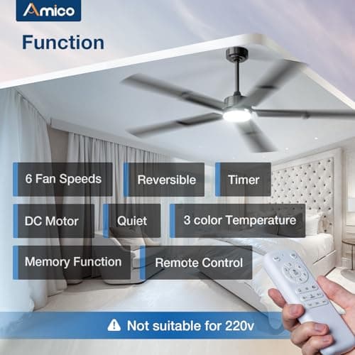 Amico 62 Inch Ceiling Fans with Lights and Remote, Black Indoor/Outdoor Ceiling Fan with 6 Speed, Reversible DC Motor, 3CCT, Dimmable, Noiseless modern ceiling fan for Bedroom, Living Room, Patio - Thumbnail 2