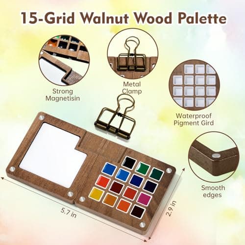 Mini Watercolor Paint Set, Mini Watercolor Travel Kit Wooden Palette with 24 Color, Brush, Sketchbook, Metal Clip, Water Cup for Adults Painting Enthusiasts - Thumbnail 4