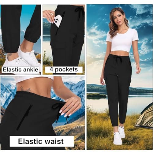 AGVNG Women Hiking Pants Waterproof Quick Dry Cargo Pants Joggers with Pockets Elastic Waist Drawstring UPF 50+ Lightweight Work Casual Travel Workout Black S - Thumbnail 5