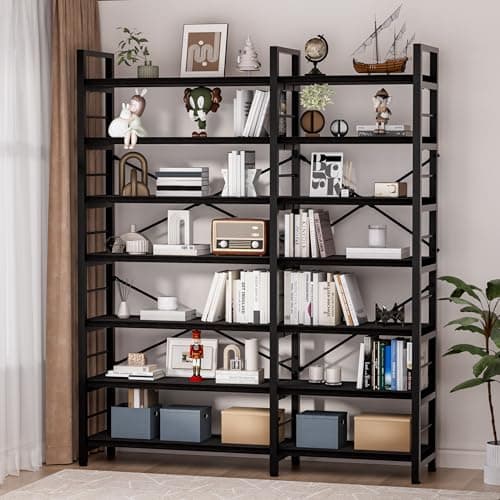 TEROL 7-Tier Corner Bookshelf, Reversible Wooden Shelves, Industrial Bookcase with Open Shelves and Sturdy Metal Frame, Display Shelf Storage Rack for Living Room, Bedroom, Home Office (Black) - Thumbnail 2