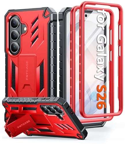 FNTCASE for Samsung Galaxy S26 Case: with [Built-in Screen Protector & Kickstand] [2 Front Frames] [Military-Grade Drop Protection] Heavy Duty Shockproof Rugged Case Full Body Protective Cover Red - Image 1
