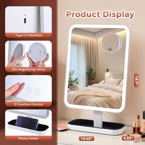 DASLAVA Vanity Mirror with Lights, Storage Hollywood Mirror, 1/10X Magnifing, 3 Colors Lights & Adjustable, Lighted Up Mirror for Makeup Desk, Bedroom, Dressing Room, （19.7" X 12" White） Plug in - Thumbnail 6