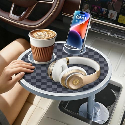 Car Food Tray & Car Table Tray with Car-Grade Aluminum Cup Holder & Phone Stand, Premium Wood with Leather Surface, 360° Rotating Car Desk for Laptop &Eating (Round, Black&Grey) - Image 1