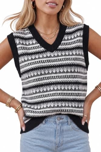 Arach&Cloz Women's Wool Blend Knit V Neck Loose Sleeveless Pullover Fair Isle Fashion Vintage Trendy Ribbed Casual Workwear Layering Sweater Vest Top Clothes Spring Fall Winter Black XXL - Image 1