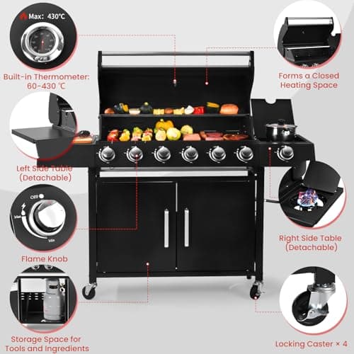 RYHOFOUD Q032-6-Burner w/Side Burner Gas Grill with 403 SQ.IN. Outdoor Grill with 60,000 BTU,Propane Grills with Top Cover Lid,Grills Outdoor Cooking for Patios,Balcony,Camping,Garden - Thumbnail 5