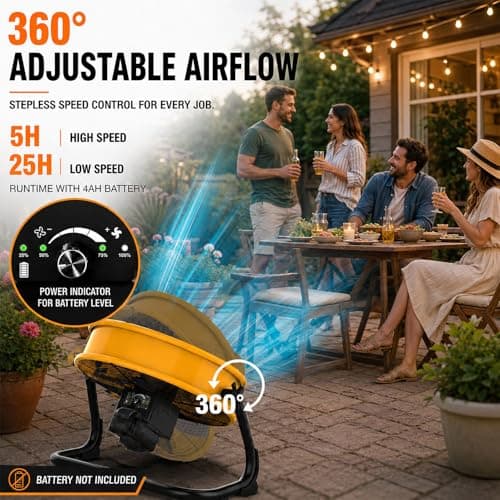 T-SUN 16" Cordless Battery Powered Fan Compatible with Dewalt 20V Max Battery, 360 Vertical Tilt, Metal Blade, High Velocity Portable Floor Fan for Garage, Jobsite, Workshop, Outdoor, Camping - Thumbnail 4