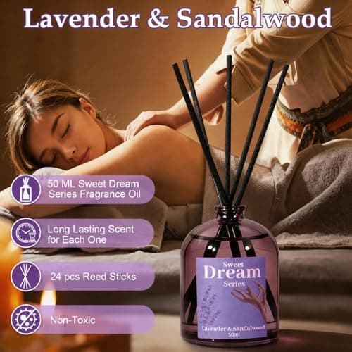 STRN Reed Diffuser Sets, Lavender Scented Oil Diffuser, Fragrance Reed Diffuser with 24 Sticks, 6.8 Fl.oz (200ml), 4 Scents Long-Lasting Air Freshener for Bedroom Bathroom Home Décor（50ml*4） - Thumbnail 3