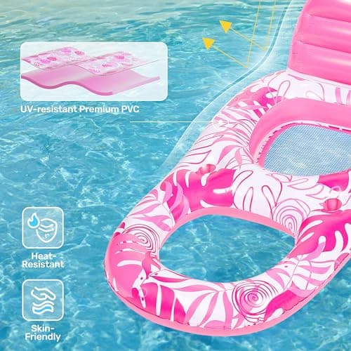 SLOOSH Pool Lounge Float Adult, Inflatable Pool Floats Lounger Raft Floaties Water Floating Recliner Chair with Cup Holders Foot Rest Swimming Floaty, Pink - Thumbnail 3