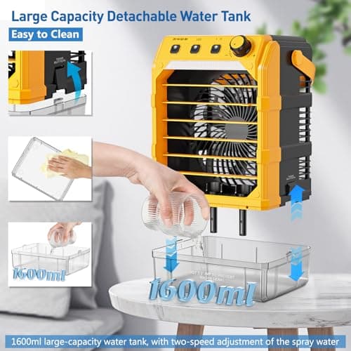 Uniqwamo Misting Fan Portable Compatible for Dewalt 20V/60V Battery(No Battery) or USB Powered, Cooling Fan for Bedroom with 7 Lights, 8H Timer, 1600ML Water Tank for Outside Camping Tent Room Office - Thumbnail 6