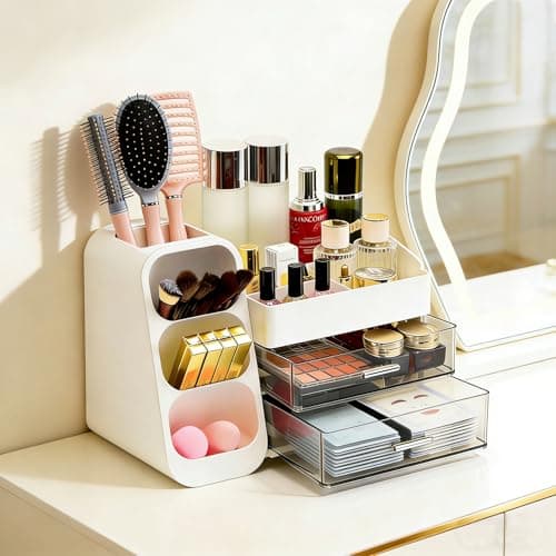 Makeup Organizer Countertop, Spacious Cosmetic Display Case with Makeup Brush Holder, Perfect Vanity Bathroom Organizer and Storage, White - Thumbnail 2