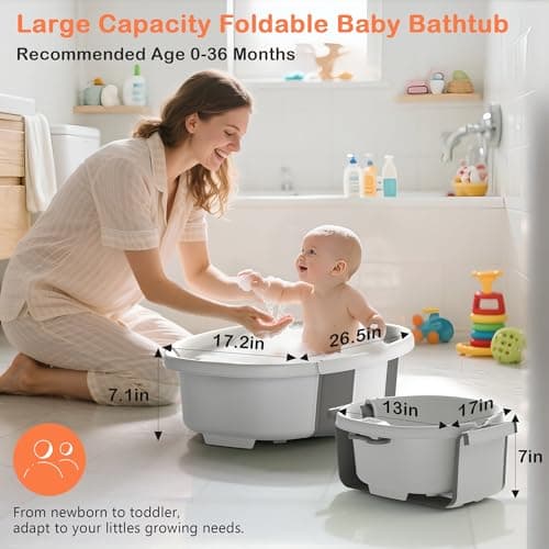 Collapsible Baby Bathtub - Large Baby Bath Tub with Thermometer & Cushion | Travel Portable Newborn Infant Bathtub | Foldable Toddler Bathtub for Baby 0 to 36 Months (Grey) - Thumbnail 3