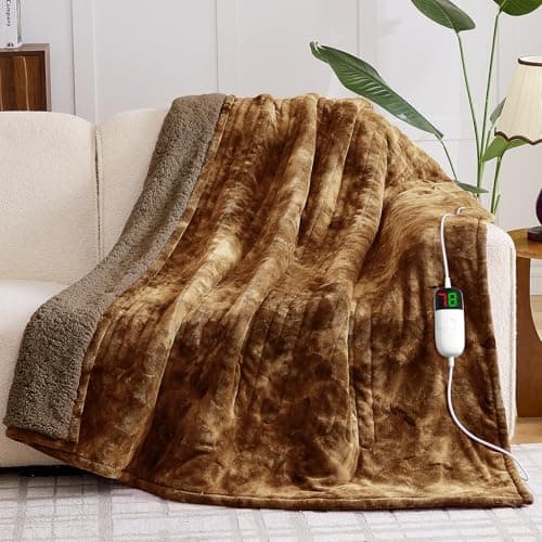 greenoak Heated Electric Blanket Throw, Faux Fur Sherpa Heating Blanket for Sofa Bed, Warm Winter Gifts for Dad/Grandma, Heater Lap Blankets 5-Position Timer &10 Heating Levels 50''*60" Brown - Image 1