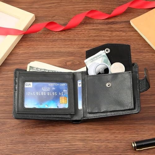Aaspad Leather Wallet for Men's Gift Bifold Style Fasten with Belt Buckle Button Closure Bank Credit Card Slots Coin/Airtag pockets and 2 transparent Photos and ID Windows(Black) - Thumbnail 2