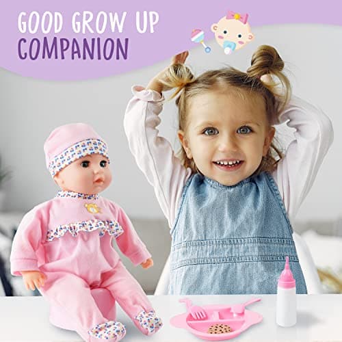 SMILESSKIDDO Interactive Baby Doll Pink - 16 Inch Crying Talking Feeding Dolls with Different Sounds and Accessories, Pretend Play Preschool Toys for 2 3 4 5+ Year Old Girls Boys Gift - Thumbnail 6